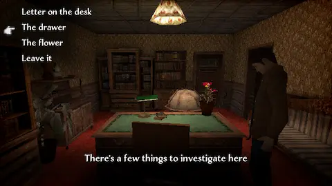 Game screenshot. Character stands in fancy office in front of desk. Comment: There's a few things to investigate here.
