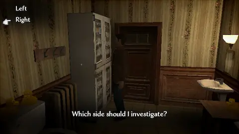 Game screenshot. Character stands in bathroom in front of cabinet. Comment: Which side should I investigate?