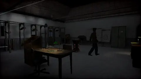 Game screenshot. Character walks in dark spooky room with various scientific contraptions.