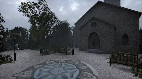 Game screenshot. Wide view of church and church square on a rainy day.