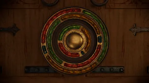Game screenshot. Close-up view of weird golden circle-shaped object with hieroglyphics attached to an antique wardrobe.